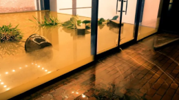 Flooded entryway at the front of a business. 