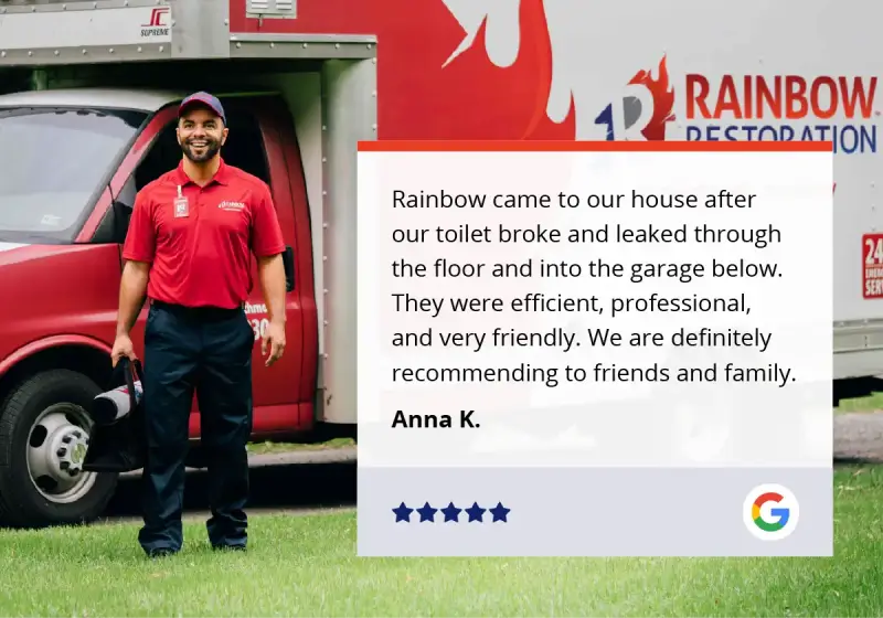 An image of a Rainbow Restoration service professional and a five-star customer review from Google. 