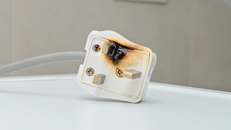 Charred electrical plug from an electrical fire.