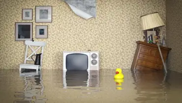 flooded living room with damaged furniture and walls