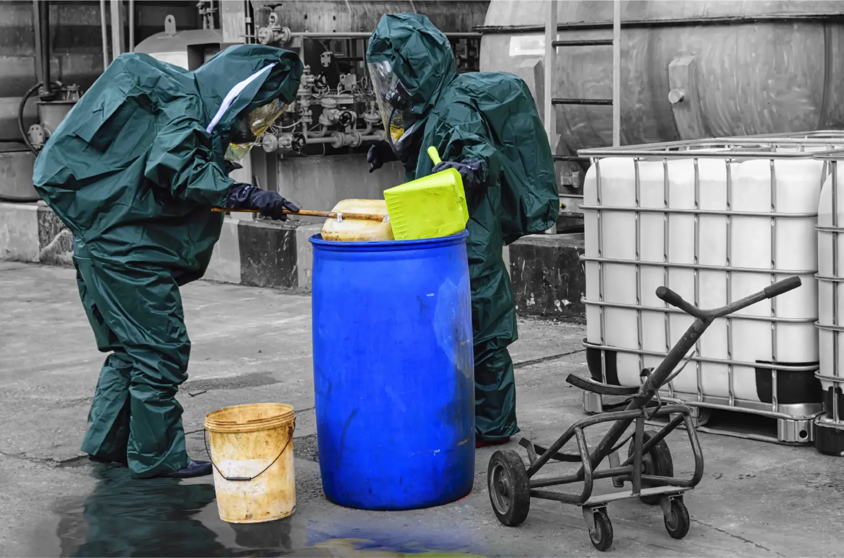 Hazard removal professional removes chemical spill. 