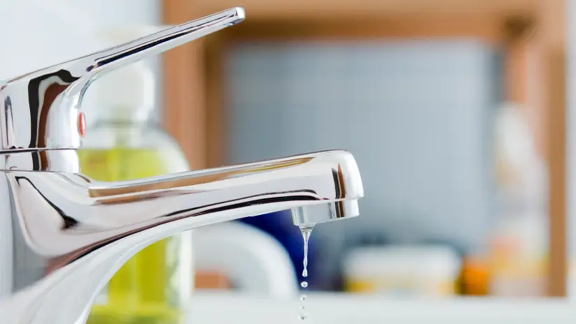 A leaky faucet handle drips water into a sink.