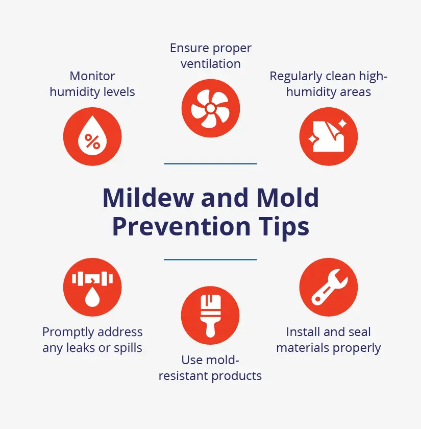 Image recaps mildew and mold prevention tips.