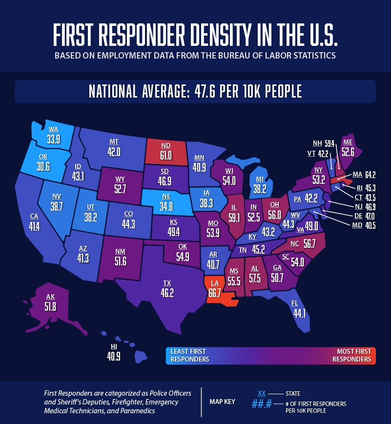 A U.S. map showing the states with the most and least first responders.