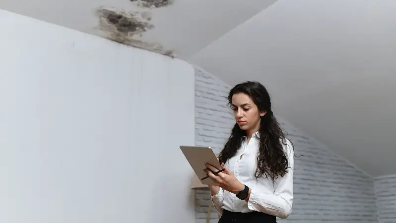 Woman with clipboard inspecting mold on ceiling.